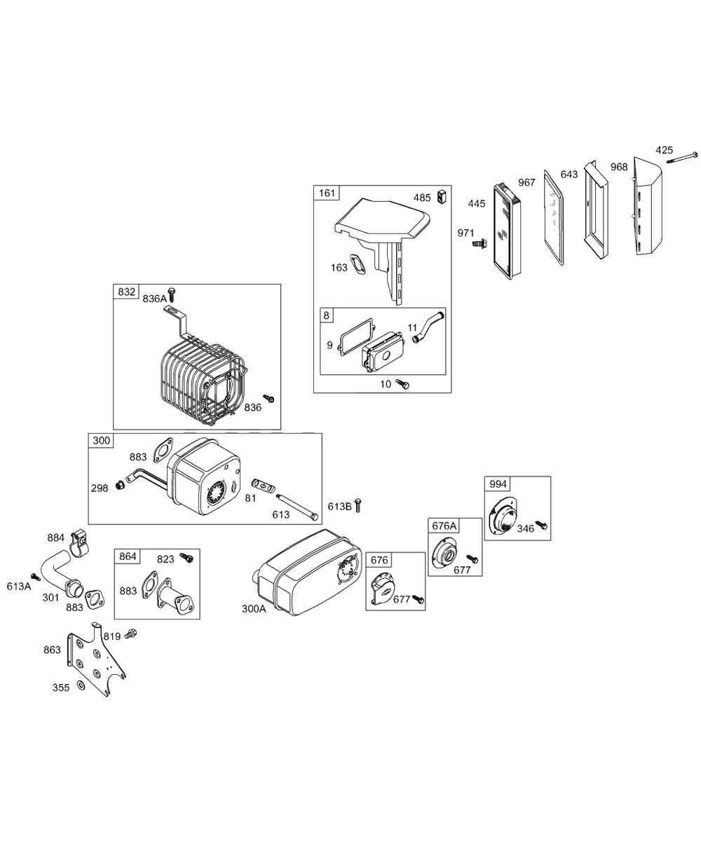 Air Cleaner, Muffler Diagram and Parts List for 256422-0130-XX  Briggs and Stratton Engine